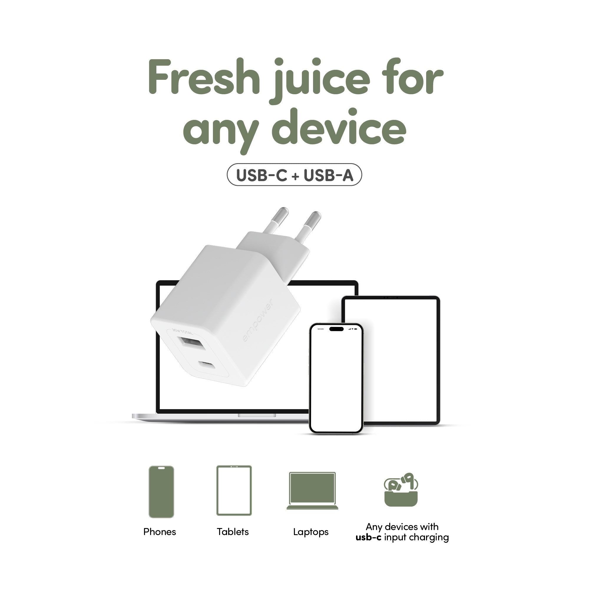 empower by PanzerGlass® Turbo 35W Ladegarät inkl. USB-C + USB-A | EU Anschluss | Silber Weiss